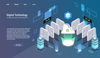 大數據處理、等距數據中心、矢量信息處理和存儲的概念。具有抽象幾何元素的創造性插圖
